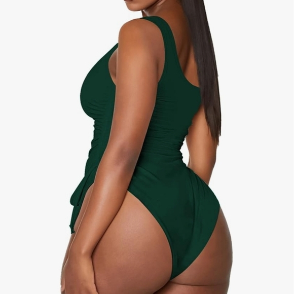 Viottiset One Shoulder Ruched Tummy Control High Cut Army Green Swim Suit SZ XL - Picture 3 of 11